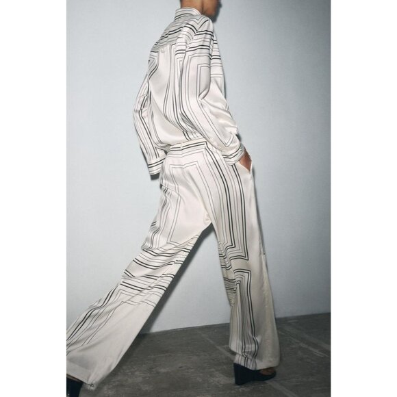 Zara Womens Pants Trouser XXL Ecru Geometric Printed Satin Effect 2761/027 NWT - Picture 2 of 16